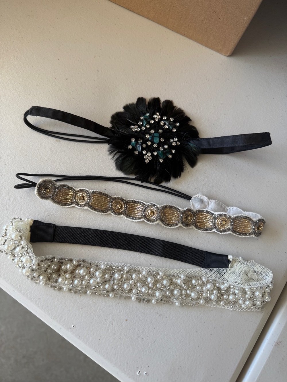 Beaded and Feather Decorative Headband Set - Black, Gold, Ivory